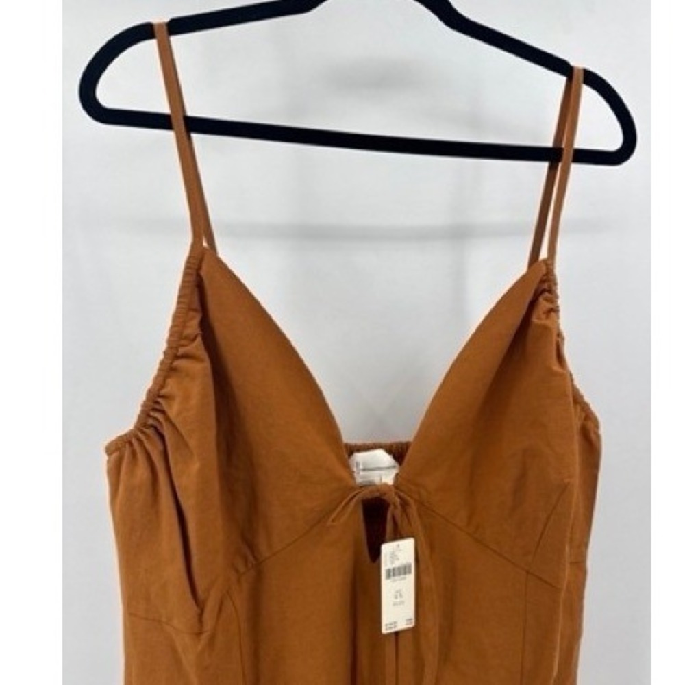 Anthropologie NEW Tan Linen Tie Front Smocked Mini Dress 2X Boho Coastal Curvy - Picture 5 of 9